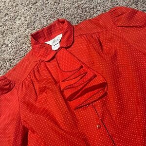 Vintage Alicia Red Polka Dot Jabot Blouse Short Sleeve Puff Shoulder Top Sz 10